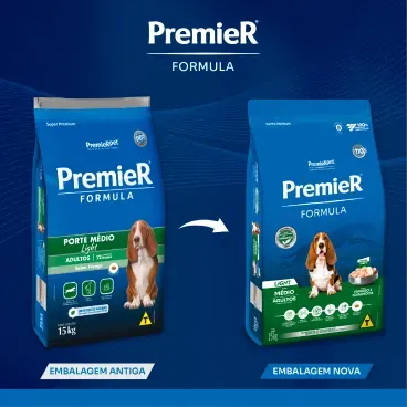 Nova embalagem Racao Premier Formula Light Caes Adultos Racas Medias Frango